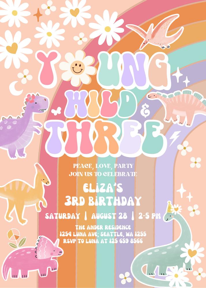 Editable Young Wild and Three Rex Birthday Invitation | Groovy Dino Canva Template