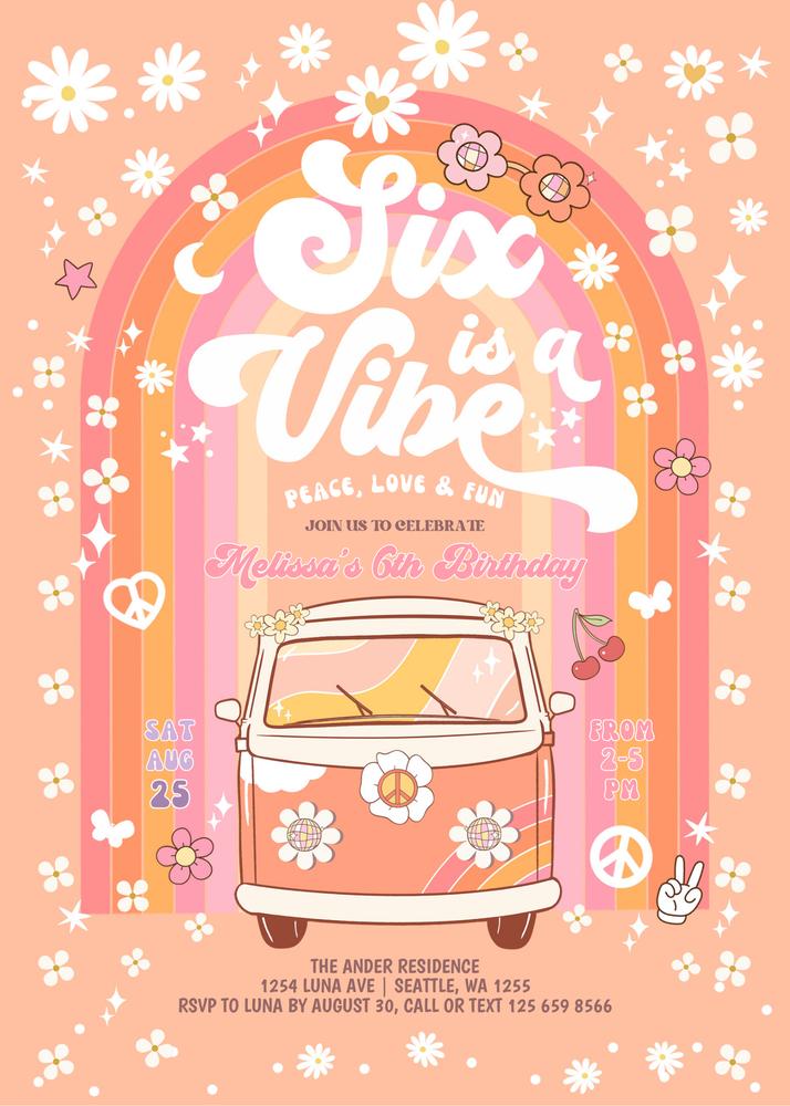 Groovy Six is a Vibe Birthday Invite | Editable Daisy Hippie Van Template