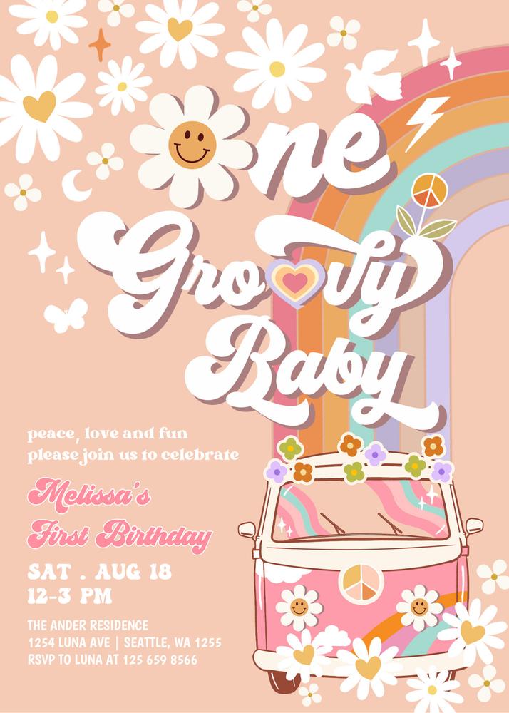 Editable Pink Groovy One Baby Daisy 1st Birthday Invite Canva Template
