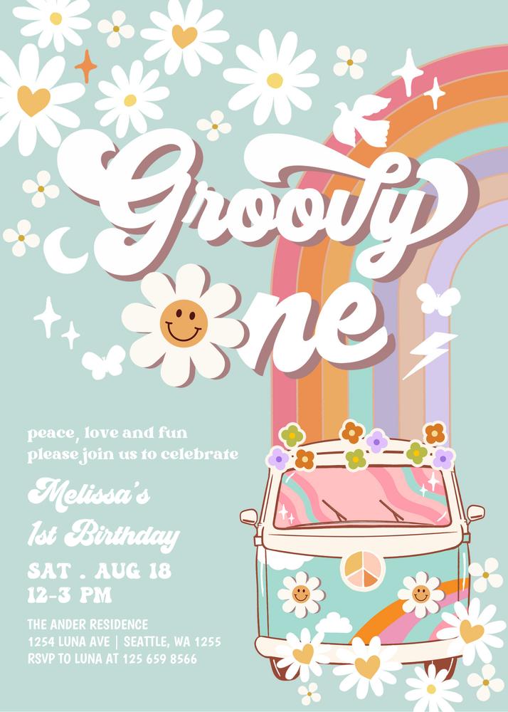Retro Daisy 1st Birthday Invite | Groovy Pink & Mint One Birthday Canva Template