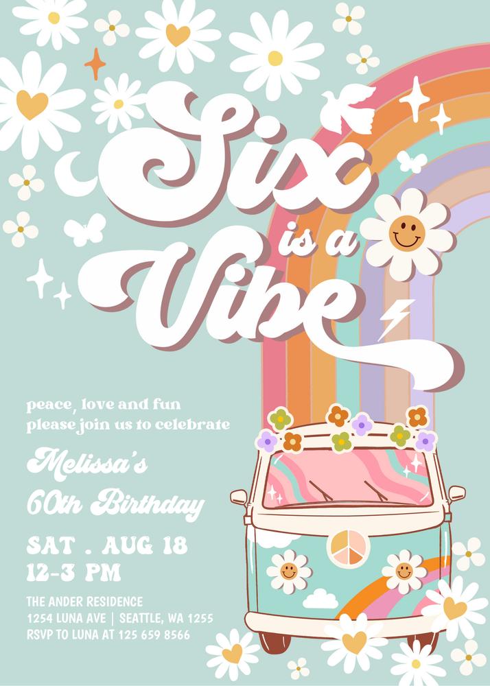 6th Birthday Six is a Vibe Invite | Groovy Daisy Pink Mint Editable Template