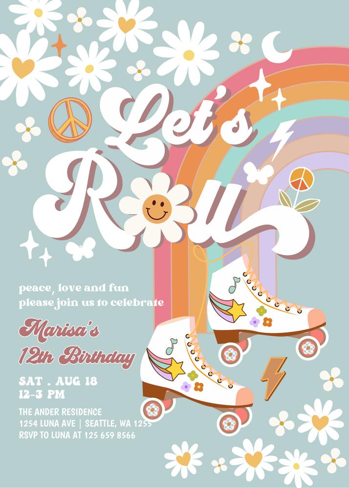 Blue Retro Roller Skate Birthday Invitation, Groovy Daisy Canva Template