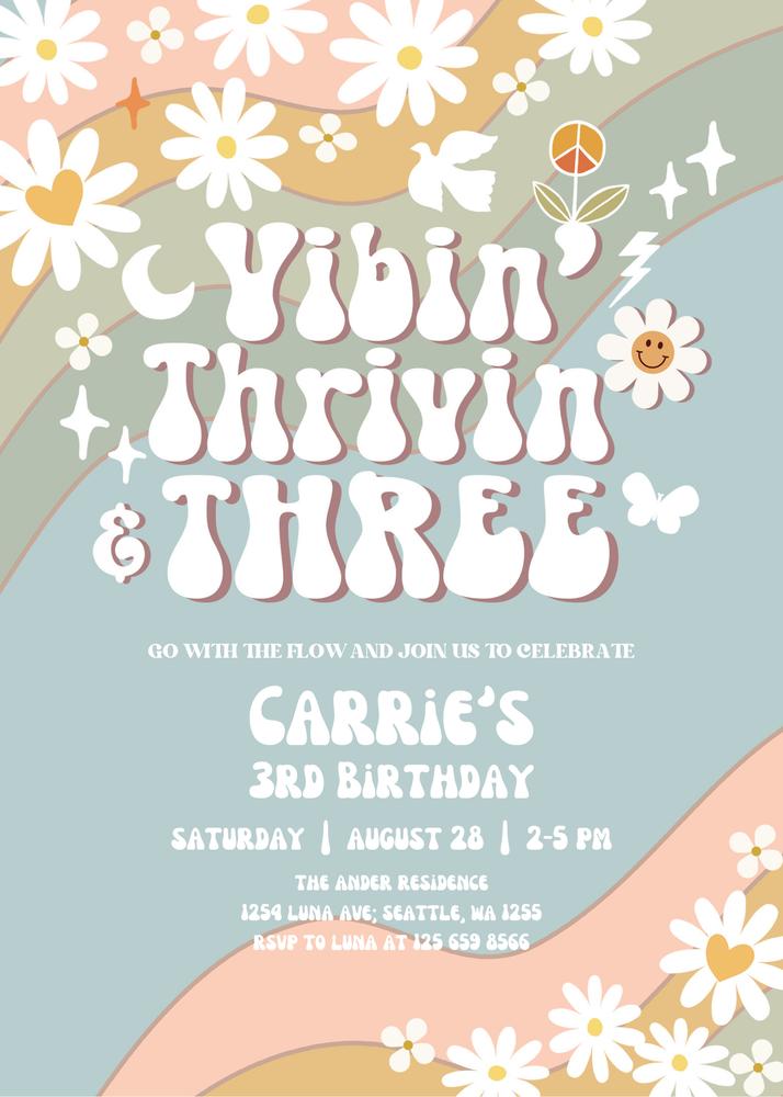 Blue Groovy 3rd Birthday Invitation | Retro Daisy Vibin Thrivin and Three