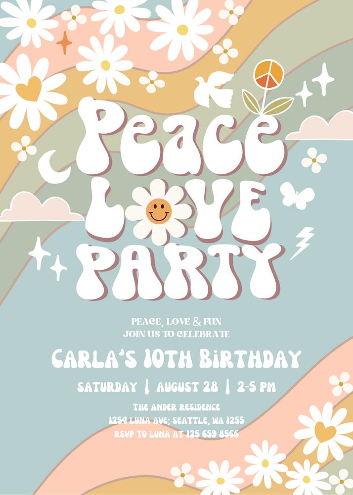 Muted Green & Blue Groovy Peace Love Birthday Invite | Editable Canva Template