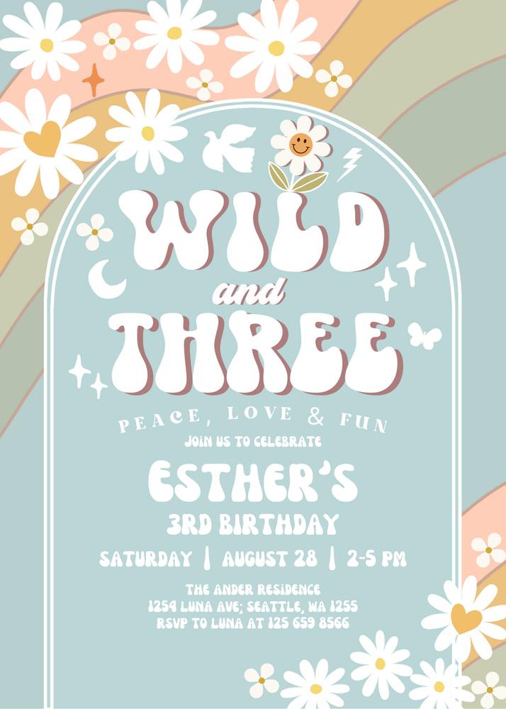 Wild and Three Groovy 3rd Birthday Invitation | Blue Daisy Retro Canva Template