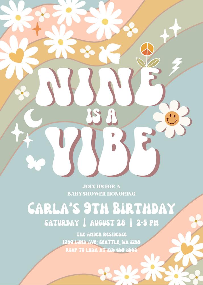Retro 9th Birthday Invitation | Muted Blue Green Nine is a Vibe Daisy Canva