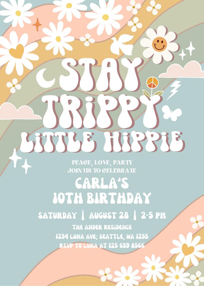 Editable Groovy Stay Trippy Little Hippie Birthday Invite, Any Age Retro Daisy