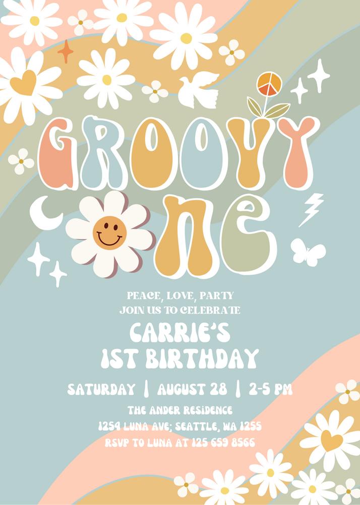 Groovy ONE 1st Birthday Invitation | Retro Daisy Muted Boho Canva Template
