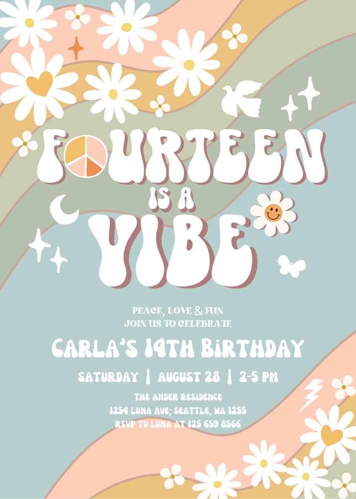 14th Birthday Invitation | Editable Canva Template | Retro Daisy Hippie Vibe