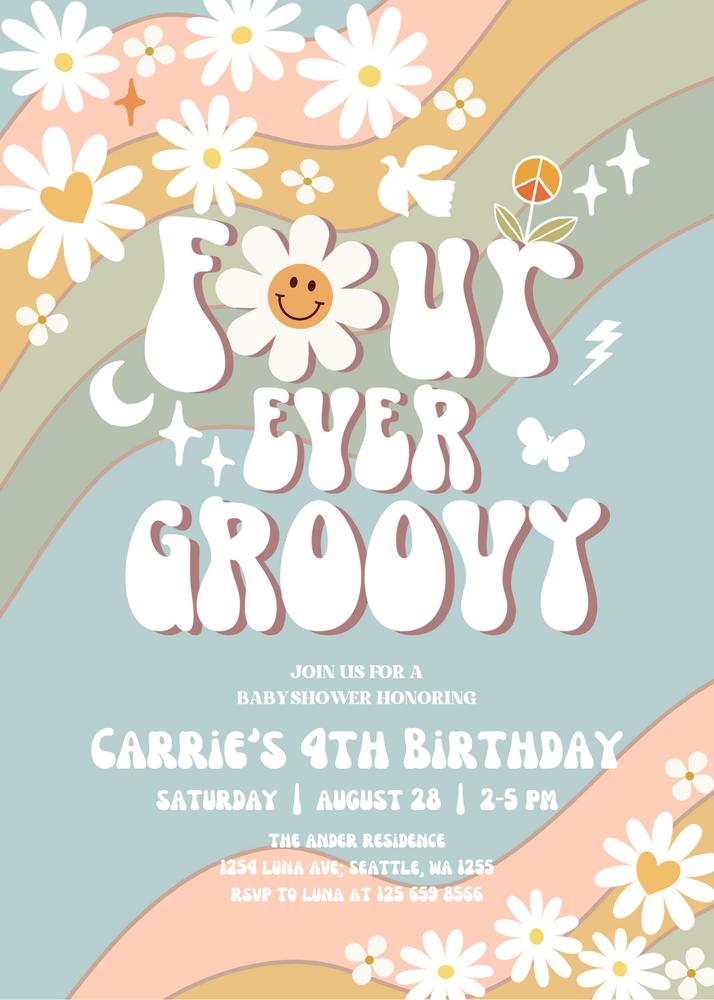 Retro 4th Birthday Invite | Groovy Four Ever Daisy Hippie Canva Template