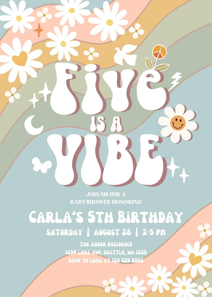 5th Birthday Invite | Muted Green Blue Retro Daisy Five is a Vibe Template