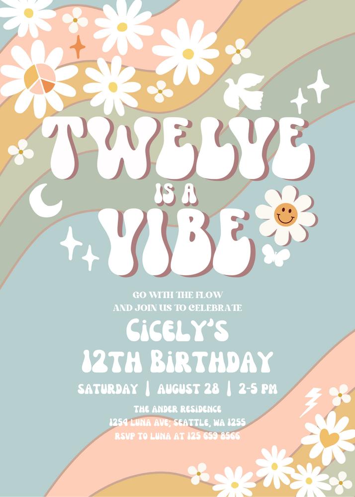 12th Birthday Invitation | Retro 70s Daisy & Muted Green Blue | Canva Template