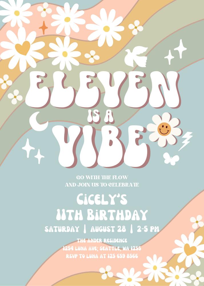 11th Birthday Invitation | Retro 70s Daisy Muted Green & Blue Canva Template