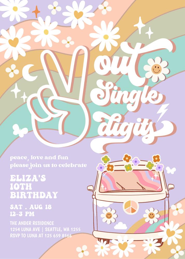 Editable Groovy 10th Birthday Pink Van Invitation | Purple Peace Out Invite