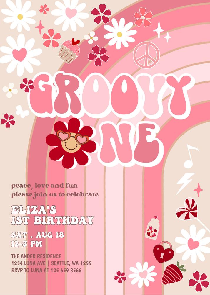 Groovy One First Birthday Invitation | Editable Valentine Sweetheart Canva Template