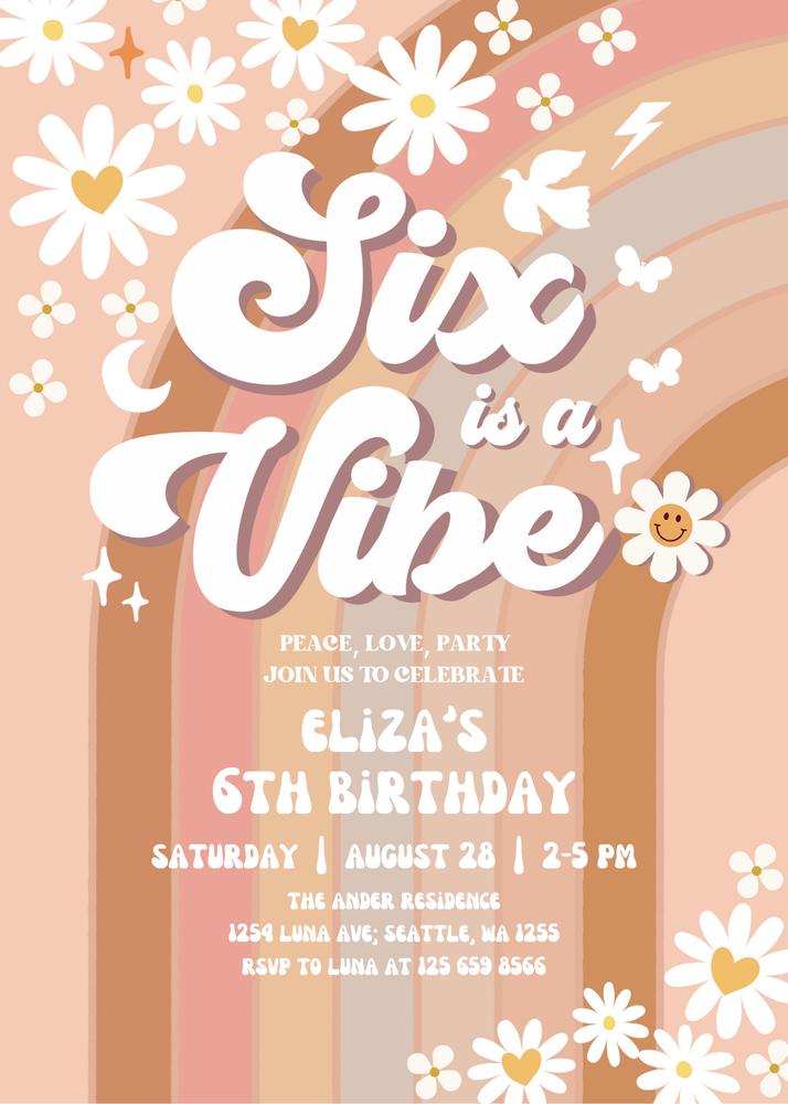 6th Birthday Invitation | Six is a Vibe Retro Daisy Canva Template