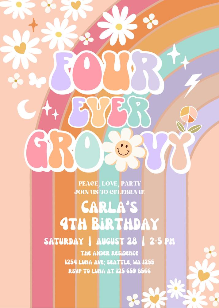 Editable FOUR Ever Groovy 4th Birthday Invite | Retro Daisy Canva Template