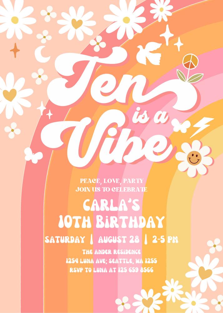 Editable 10th Birthday Invite | Pink & Peach Groovy Ten is a Vibe Daisy Template