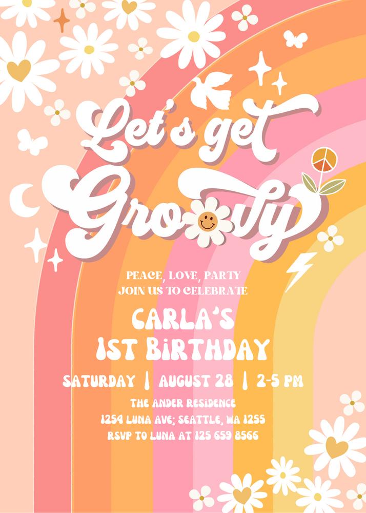 Editable Retro Groovy Daisy Birthday Invitation | Pink & Peach Two Groovy Invite