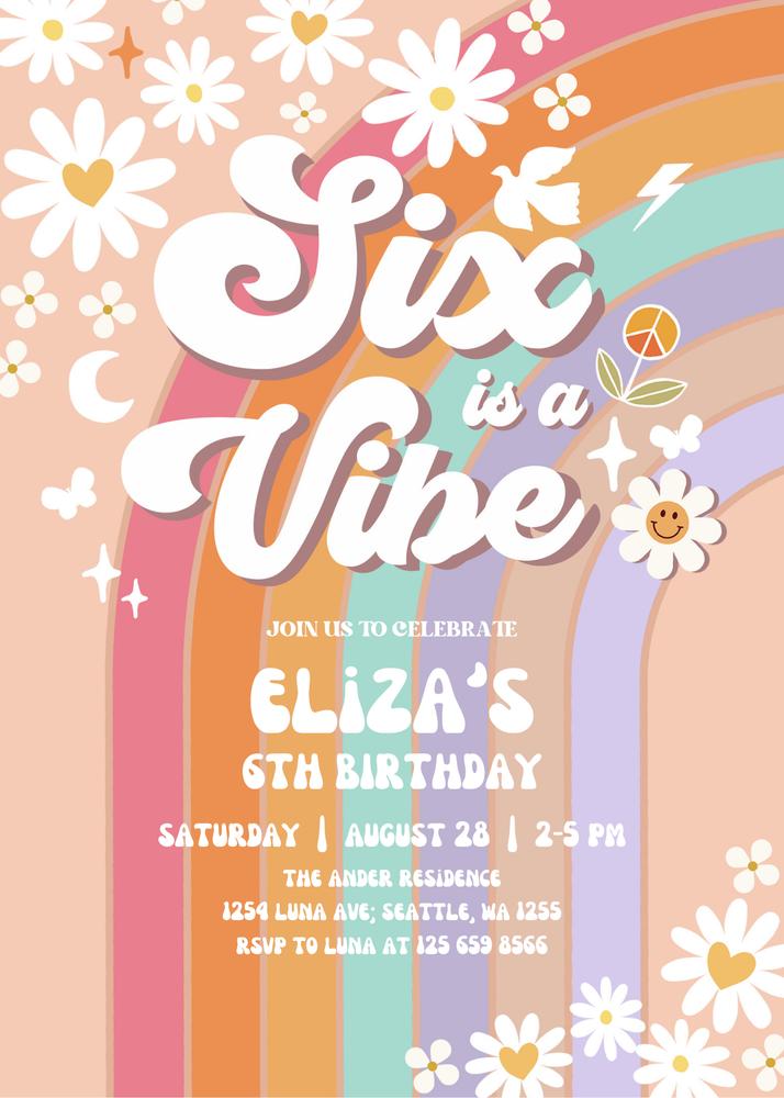 Six is a Vibe Retro 6th Birthday Invitation | Editable Canva Template