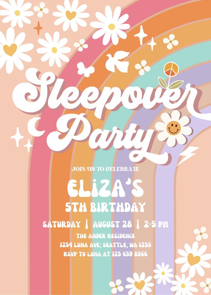Groovy One Birthday Invitation | Editable Sleepover Party Template | Daisy Boho