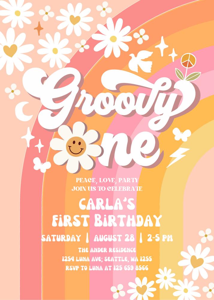 Retro Groovy 1st Birthday Invitation | Pink & Orange Daisy Canva Template