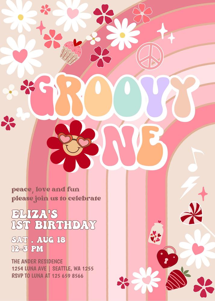 Groovy One Birthday Invitation | Retro Valentine Sweetheart 1st Birthday Canva