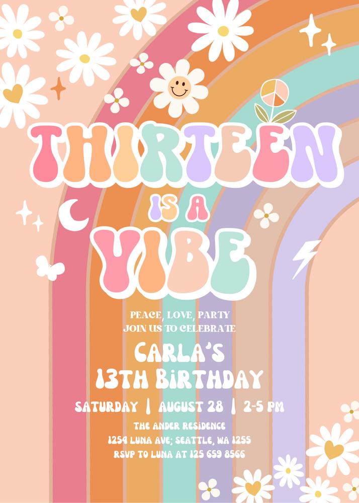 Editable 13th Birthday Invite | Groovy Thirteen Is a Vibe Daisy Retro Canva