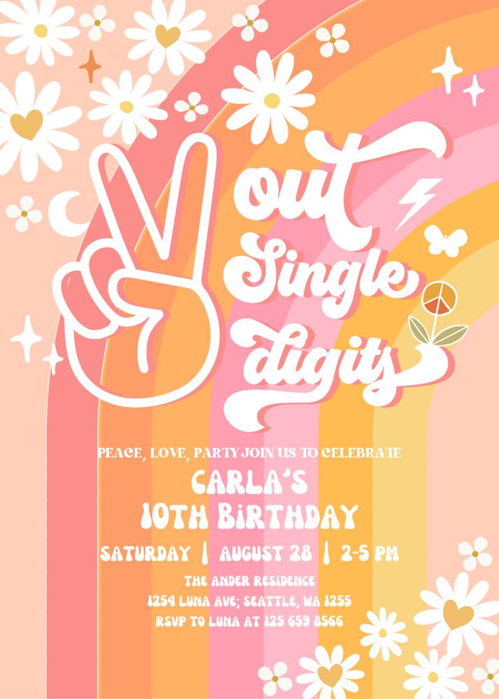 Peace Out Single Digits 10th Birthday Invite | Groovy Daisy Canva Template