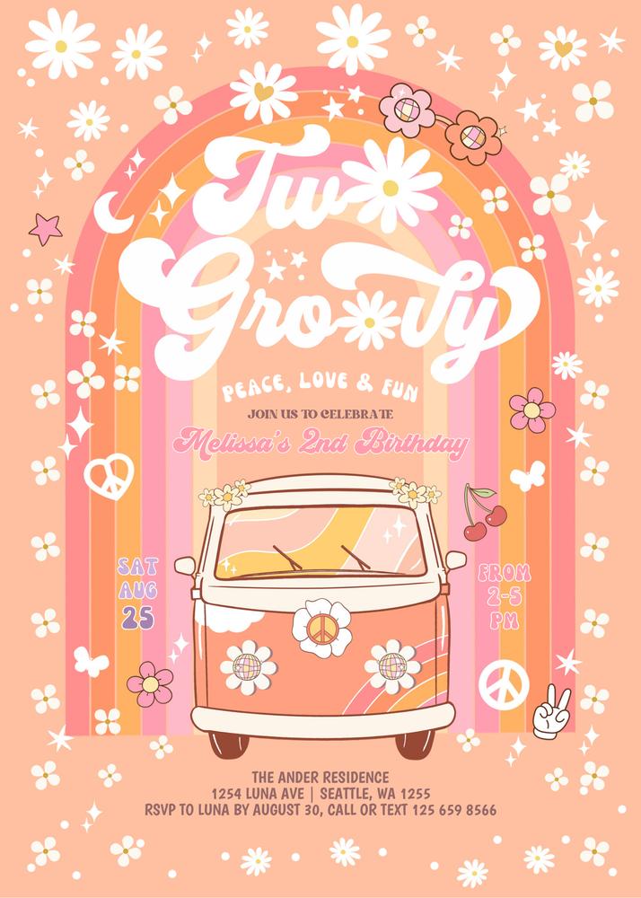 Two Groovy Van 2nd Birthday Invitation | Editable Canva Daisy Hippie Template