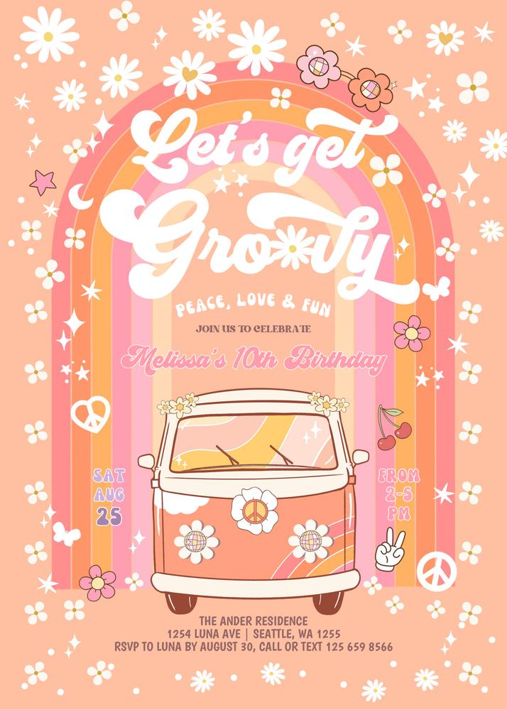 Editable Groovy Van Birthday Invitation - Retro Daisy Hippie Invite Template