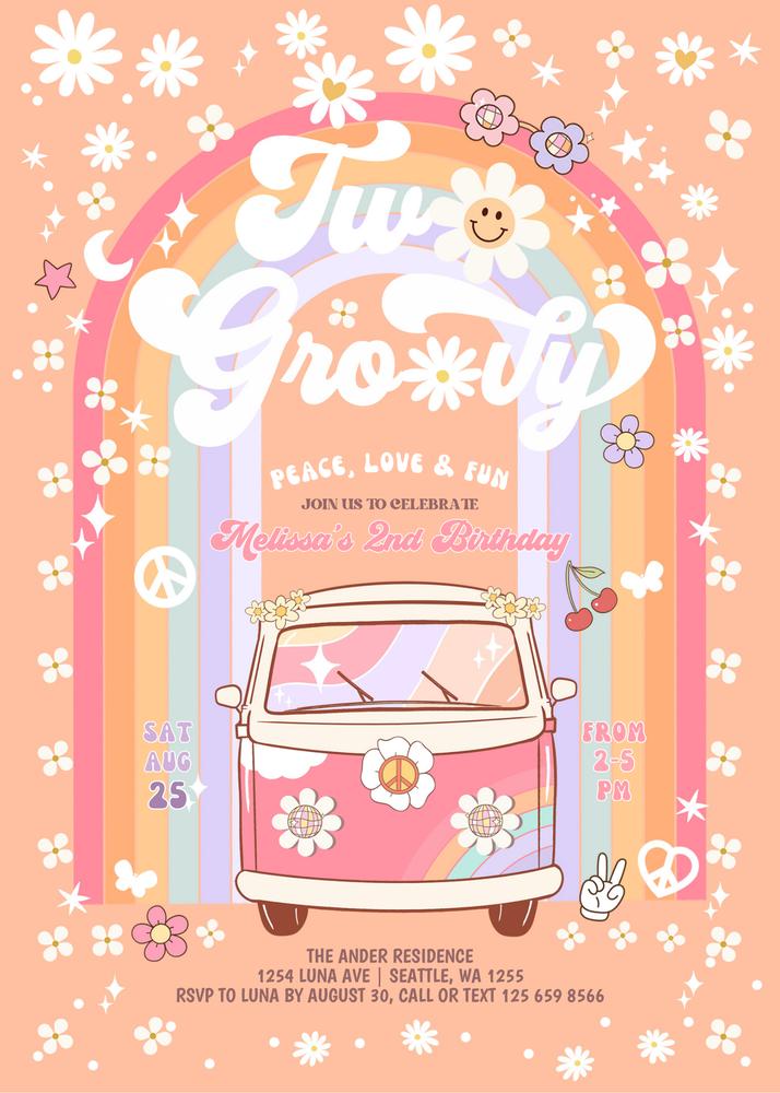 Editable Two Groovy Van 2nd Birthday Invite | 70s Daisy Hippie Template