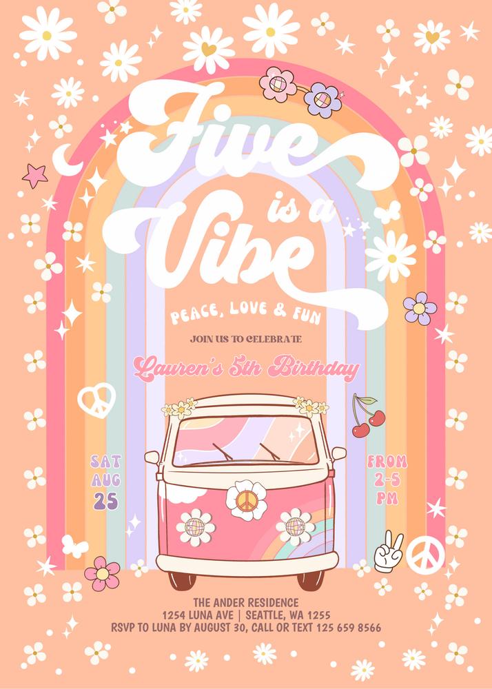 Five Is a Vibe 5th Birthday Invitation, Groovy Daisy Hippie Canva Template