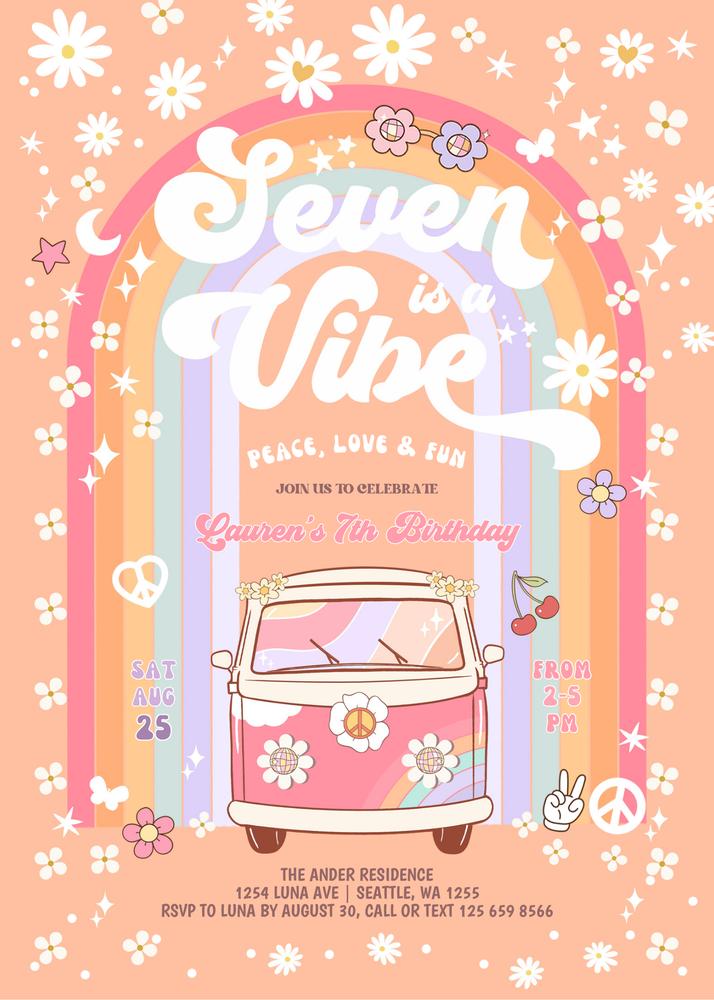 Seven is a Vibe 7th Birthday Invitation | Daisy Groovy Hippie Canva Template