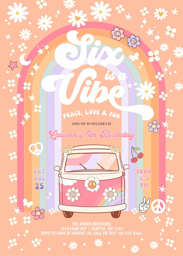 Six is a Vibe 6th Birthday Invitation | Daisy Groovy Retro Hippie Canva Template