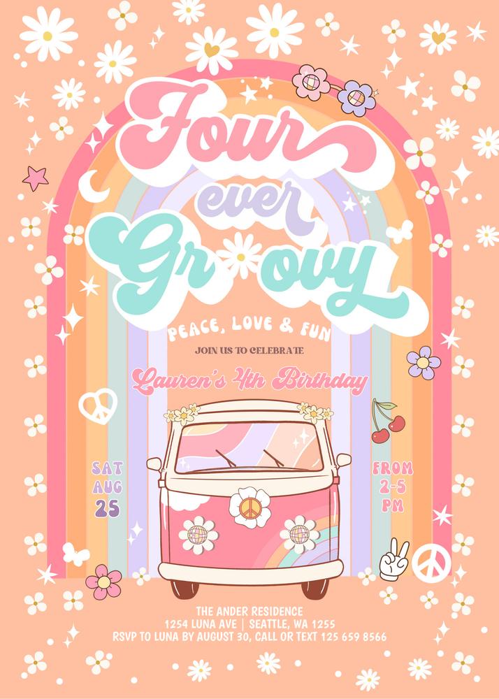 Four Ever Groovy 4th Birthday Invite | Daisy Hippie Van Canva Template
