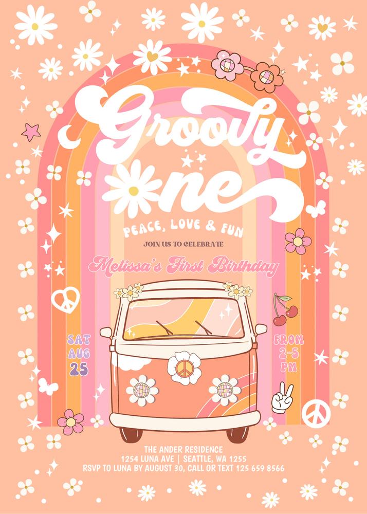 Groovy One 1st Birthday Invitation | Daisy Peach Retro Van Canva Template