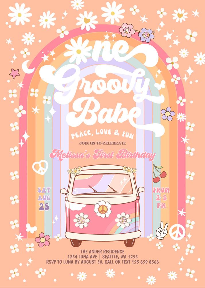 Editable 1st Birthday Invitation | Groovy One Daisy Van Hippie Rainbow Template