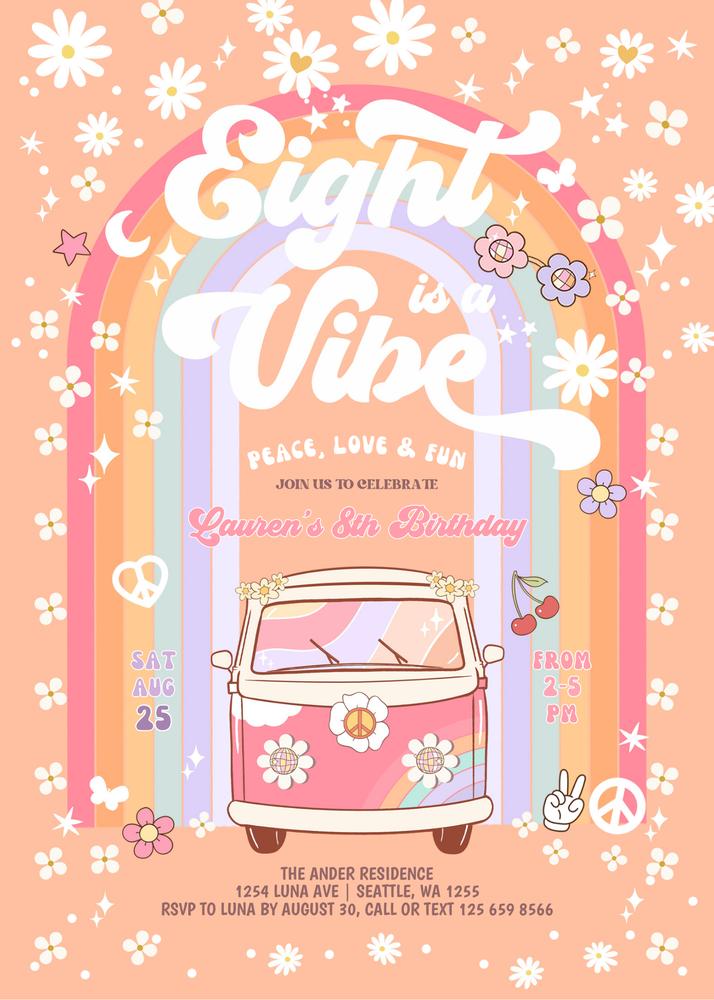 Eight is a Vibe Birthday Invite | Daisy Groovy Retro Hippie Canva Template