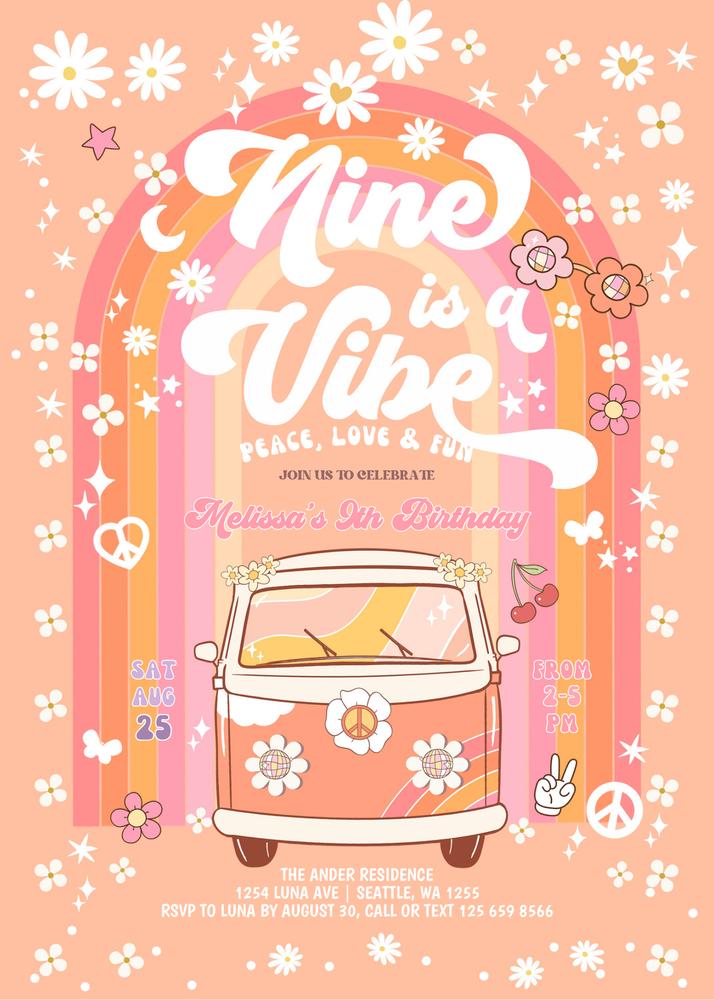 Groovy Nine is a Vibe 9th Birthday Invite | Retro Daisy Van Canva Template