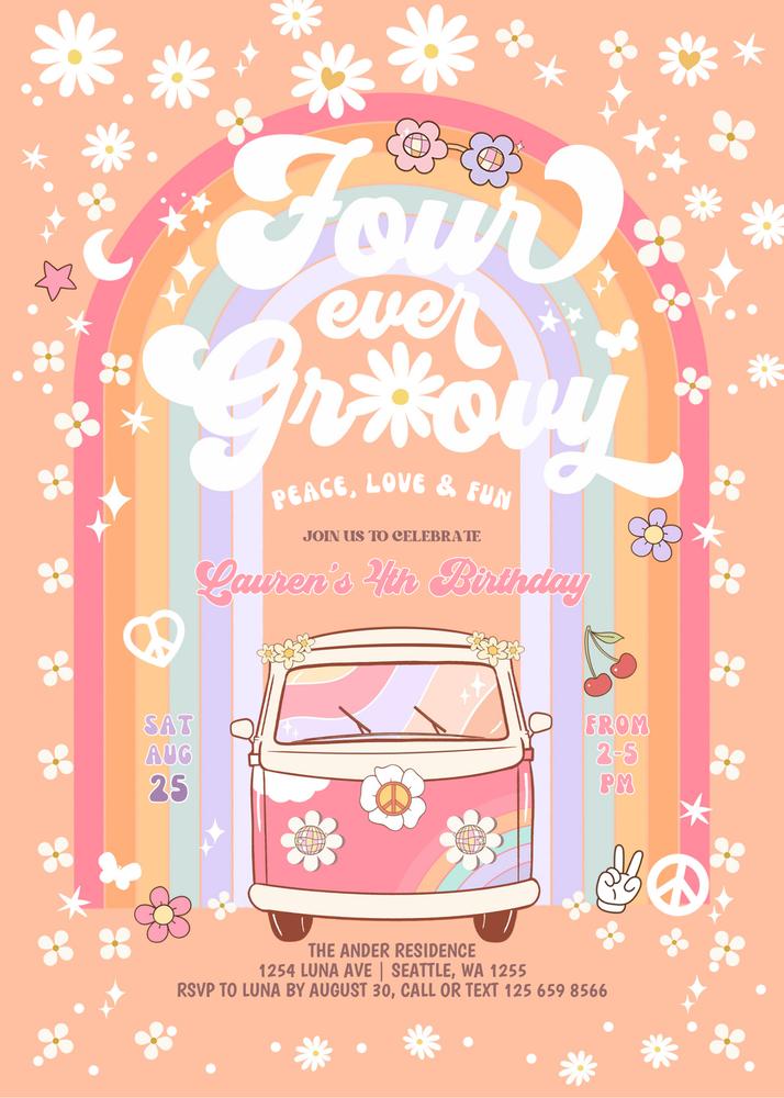 Editable Four Ever Groovy 4th Birthday Invitation, Daisy Van Hippie Invite