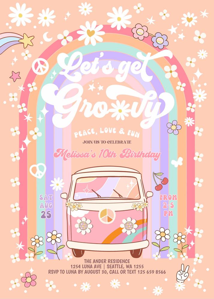 Editable Groovy Van Birthday Invitation - Retro 70s Daisy Hippie Invite