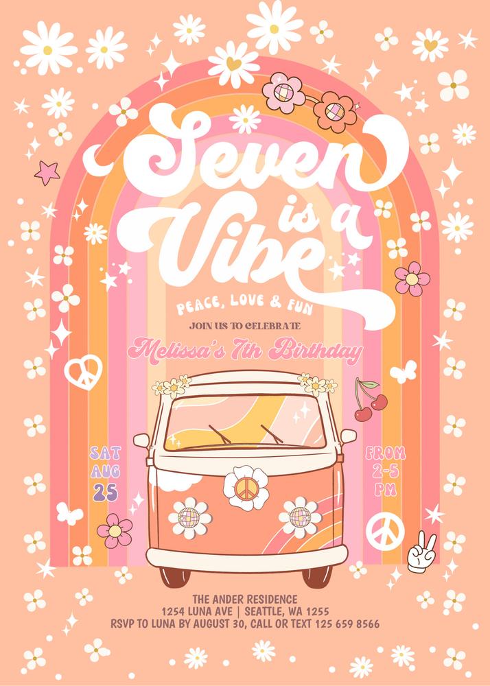 Groovy Seven is a Vibe Birthday Invite, Editable 7th Birthday Bus Template