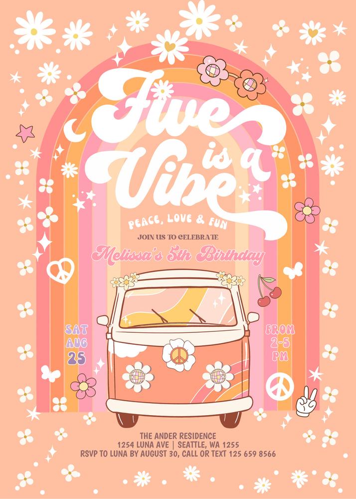 Editable Groovy Five is a Vibe Birthday Invite | Daisy Hippie Van Template
