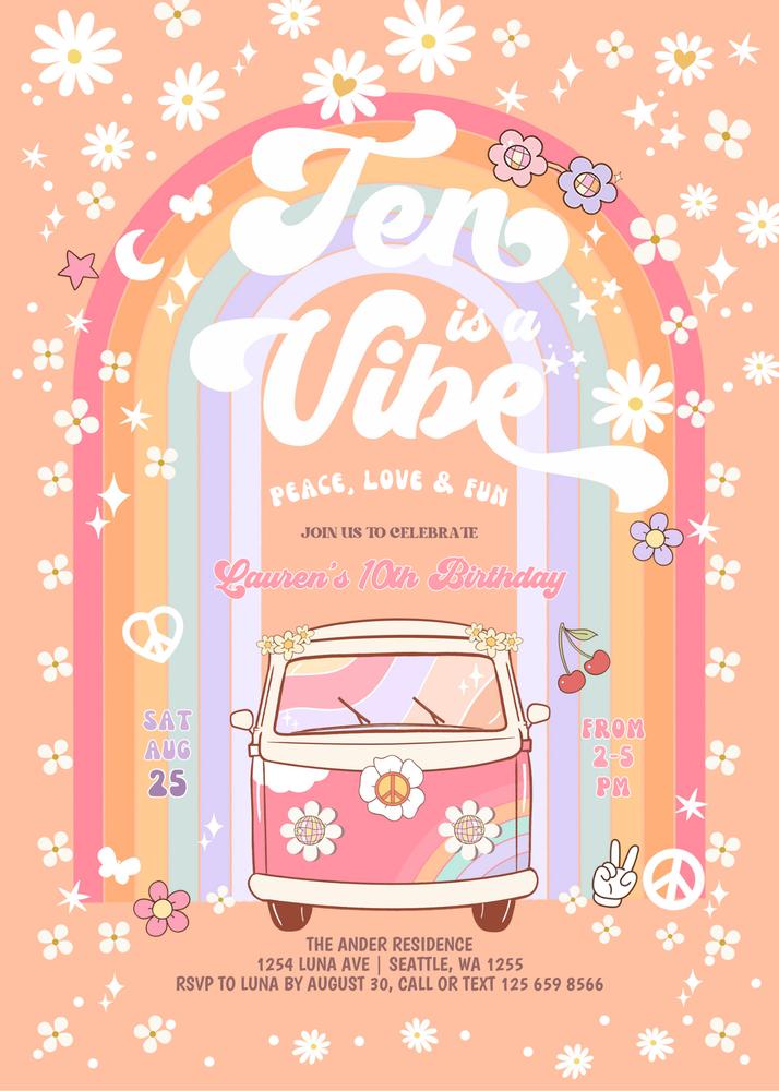 Ten is a Vibe Daisy 10th Birthday Invitation | Groovy Hippie Editable Canva