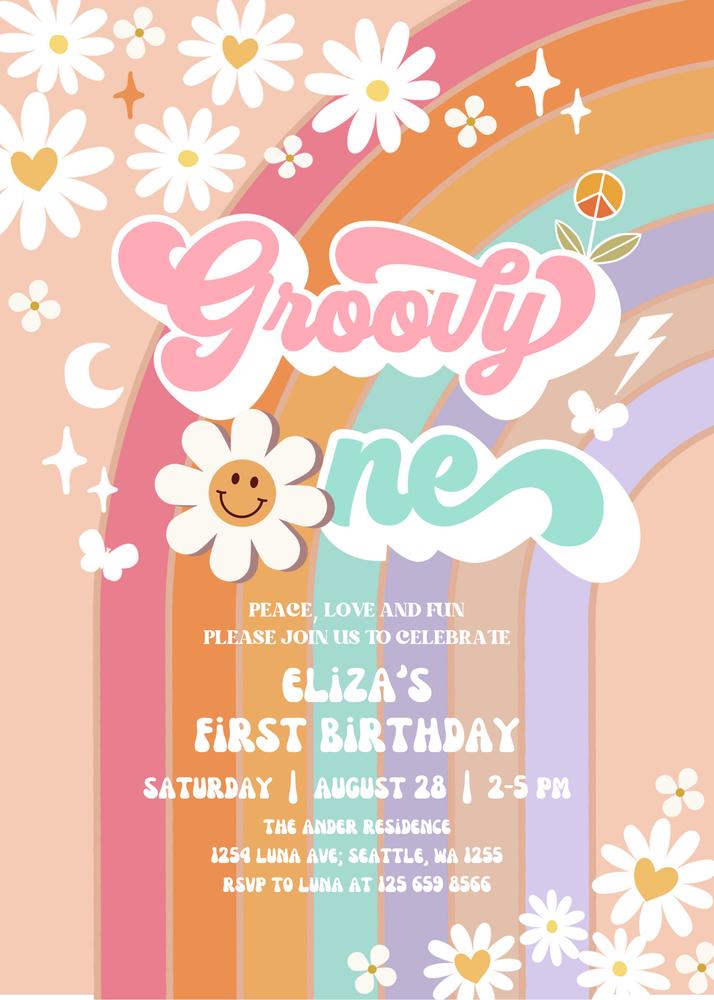1st Groovy Daisy Birthday Invitation | Retro Boho Rainbow Canva Template