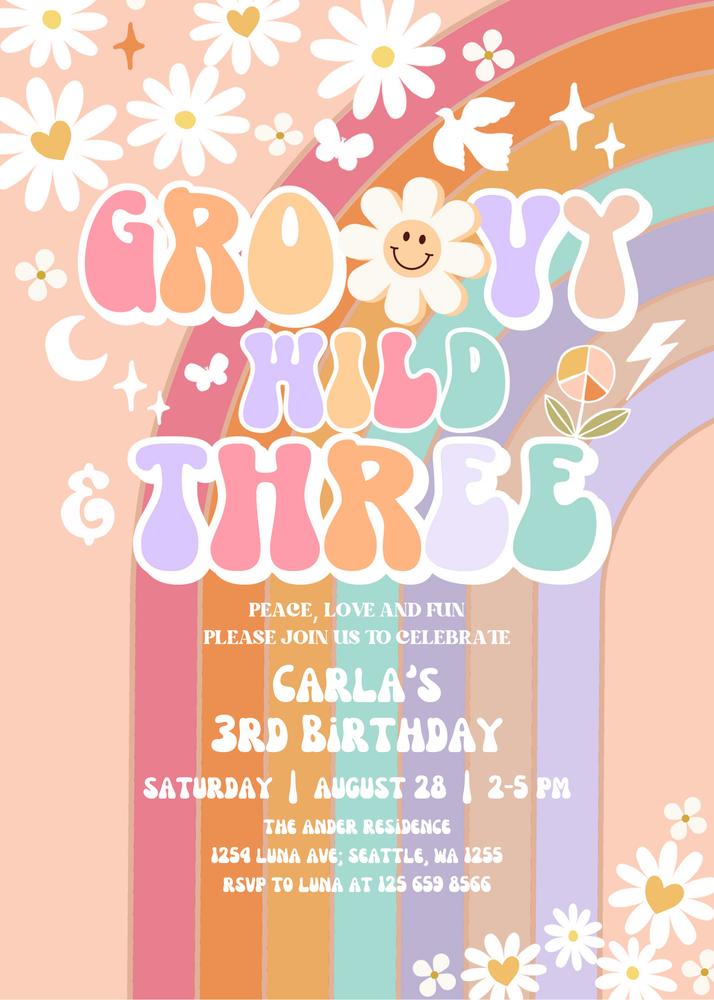Groovy Wild and Three Birthday Invitation | Retro Daisy Canva Template