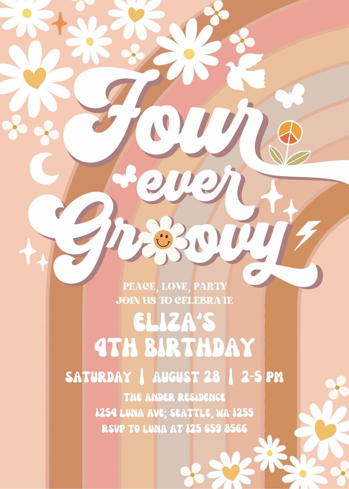 Four Ever Groovy 4th Birthday Invite | Boho Daisy Hippie Canva Template