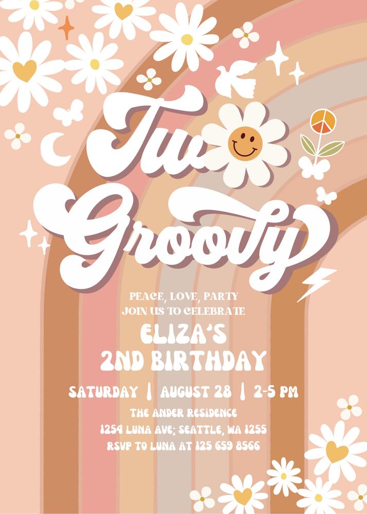 Groovy Two 2nd Birthday Invitation | Retro Daisy Rainbow Canva Template
