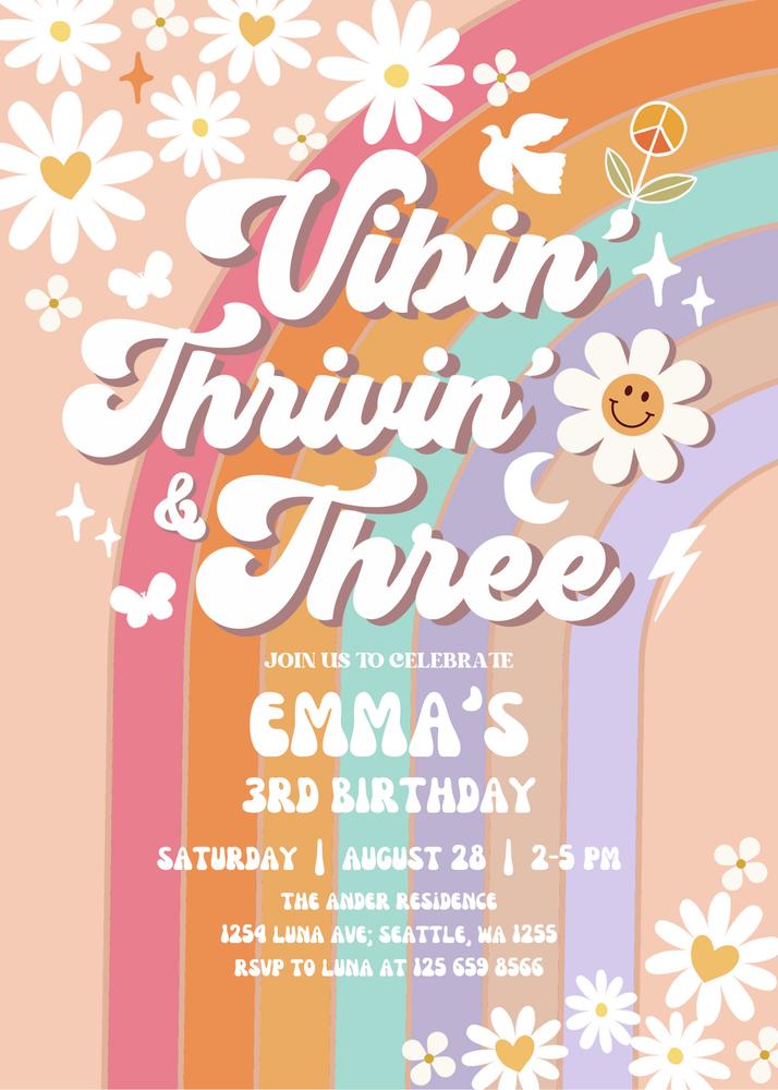 Groovy 3rd Birthday Invitation | Retro Daisy & Rainbow Canva Template